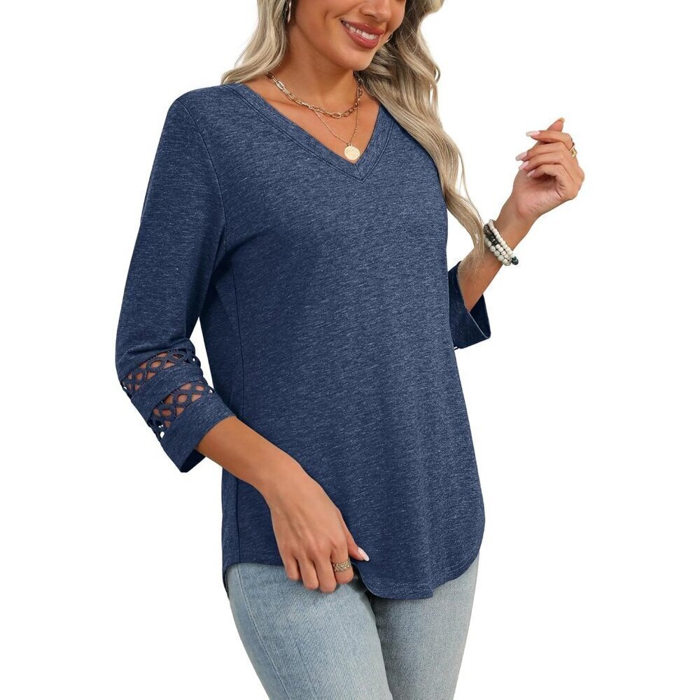 〽️Women's Navy Blue Short Sleeve Blouses Summer Tops V Neck Ribbed Cuff T Shirt